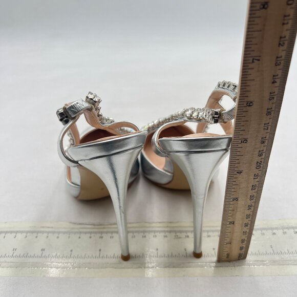 FSJ Metallic Silver Slingback Shoes Stiletto Heel Rhinestone Sandals - Picture 5 of 8